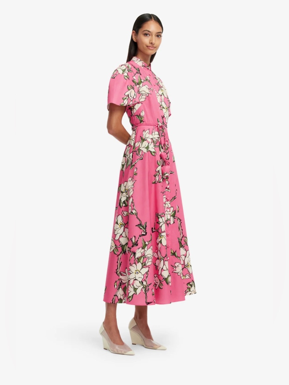 LEO LIN BIANCA SHORT SLEEVE MIDI DRESS IN PINK MAGNOLIA PRINT - Picture 10 of 17